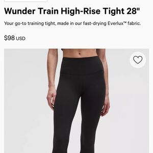 lululemon athletica Black Wunder Train High-Rise Tight 28" Sz 6